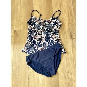 Nicole Miller Studio Tankini Swimsuit Set Navy Tropical Leaf Print 2 Pc Medium